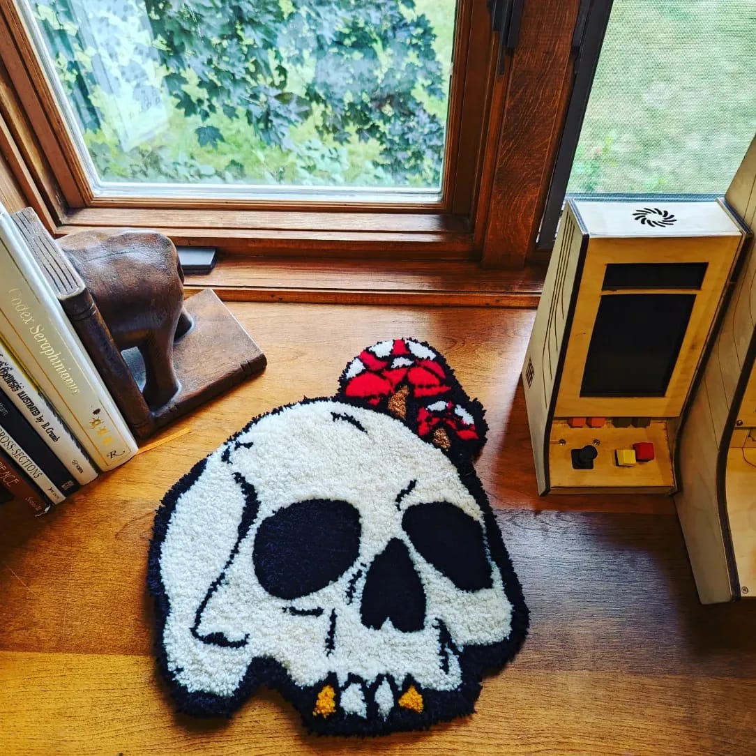 Skull and mushroom hand-tufted rug