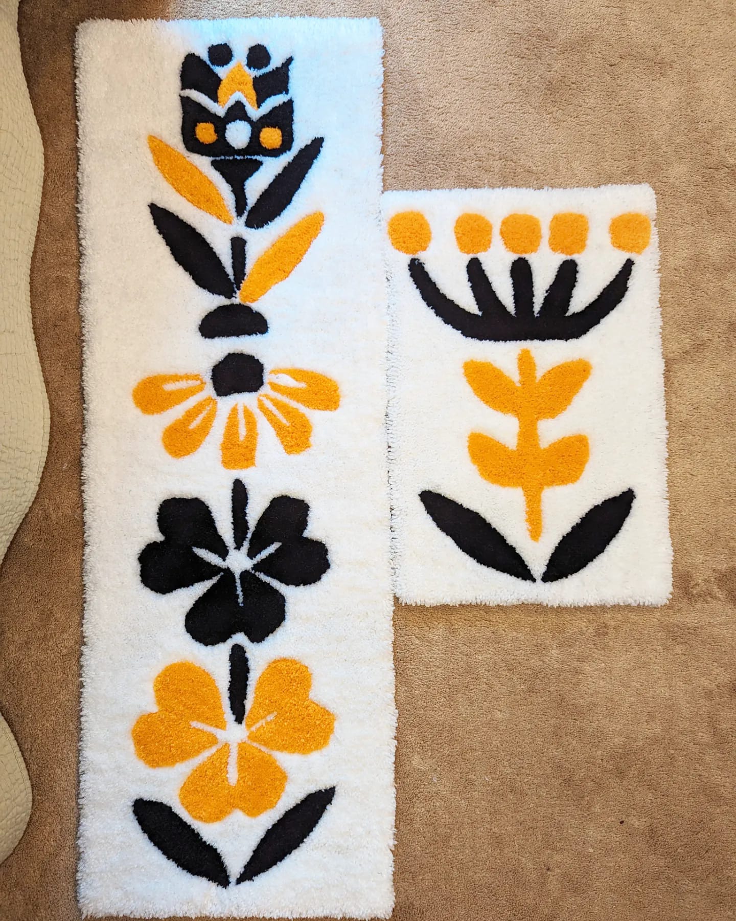 Set of Black and Gold Floral Hand-tufted Rugs